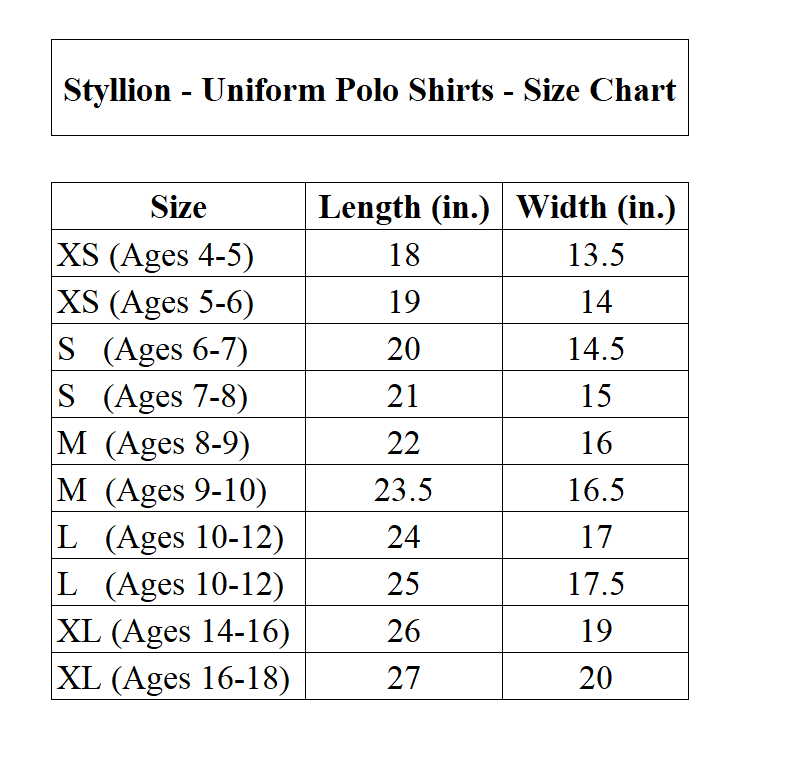 Kids Uniform Polo Size Chart